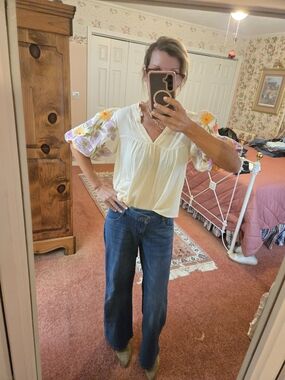 THML Cream Peasant Blouse with Colorful Floral Embroidery